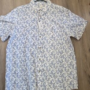 Men's XL Blue/White Leaf Print Collared Button Up Shirt Short Sleeve Rowm Comfor